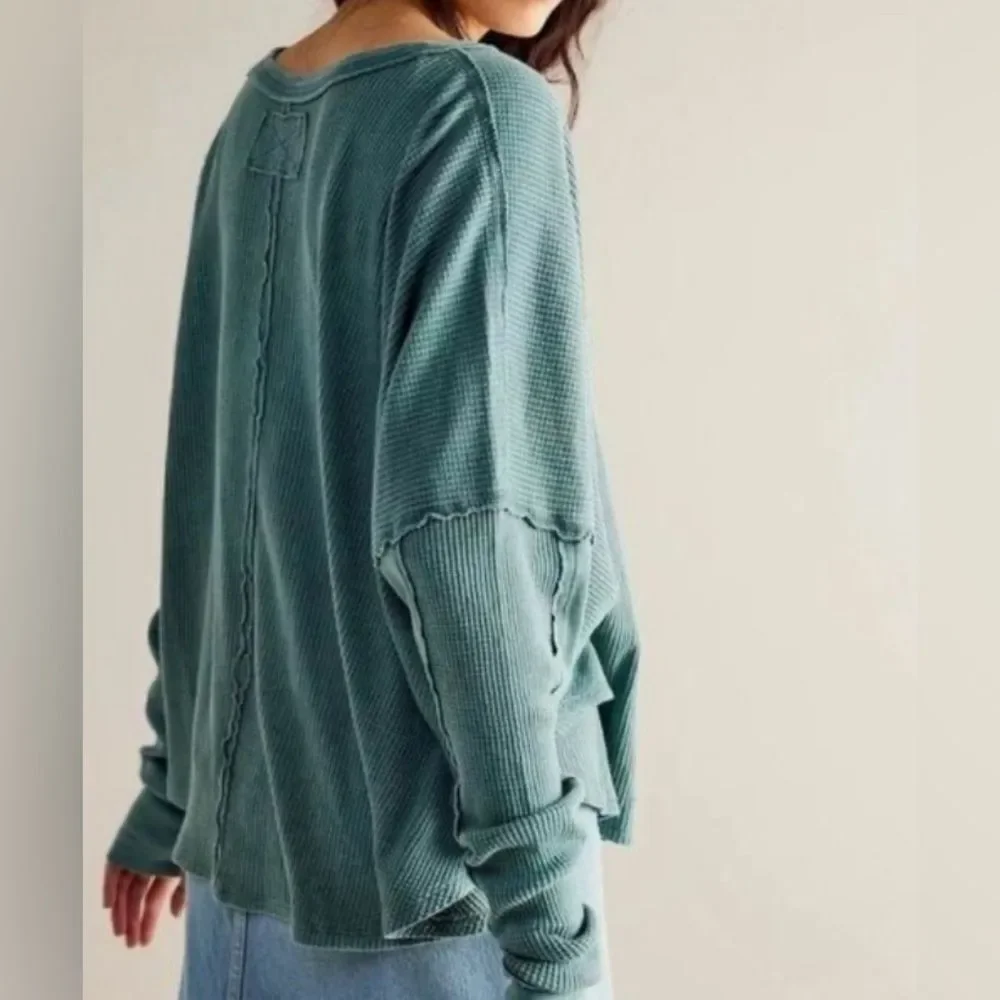 Free People Oversized Thermal Long Sleeve Top in Sage Green